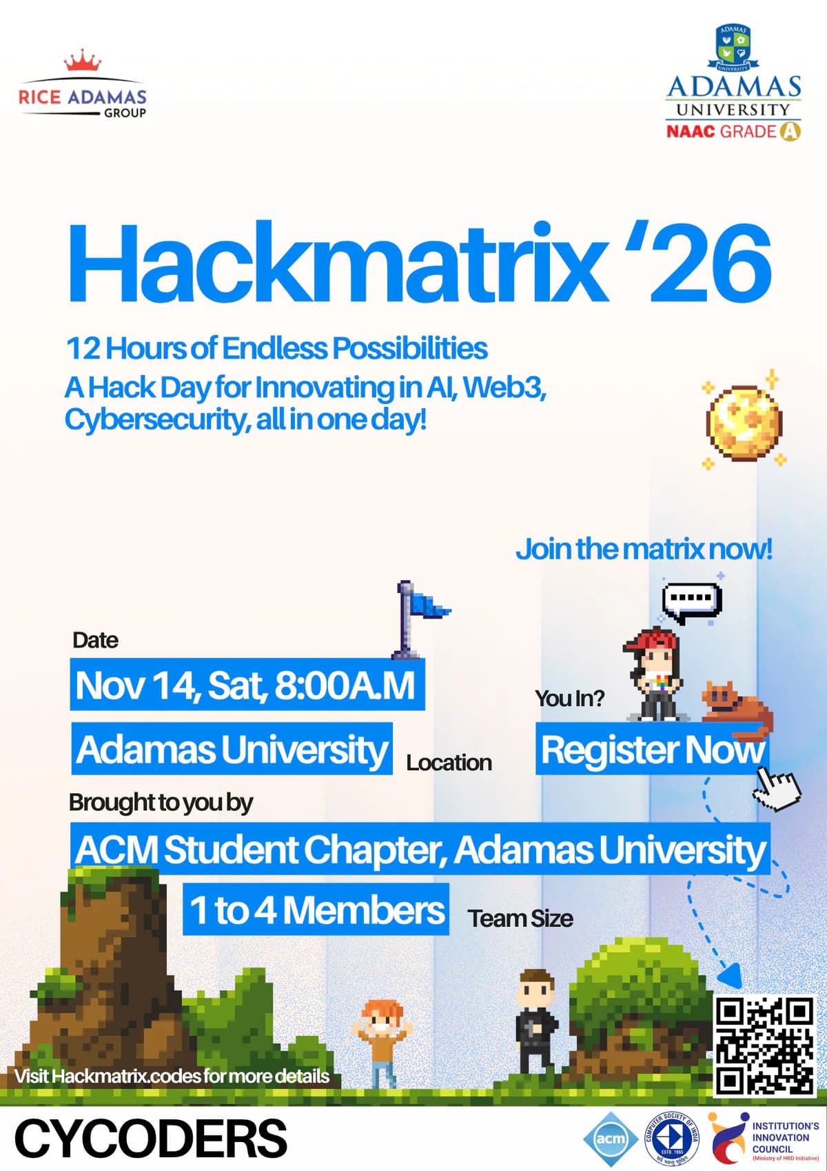 HackMatrix '26 poster: 14 November, 8:00 AM at Adamas University, teams of 1 to 4 members.
